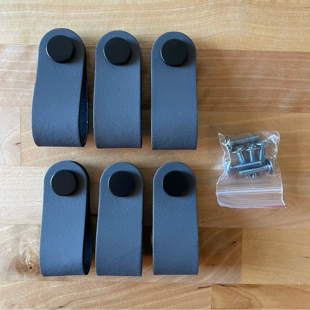 NWOT Handmade Gray & Black Leather Drawer Pulls Set of 6